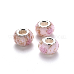 Handmade Lampwork European Beads, Large Hole Rondelle Beads, with Glitter Powder and Platinum Tone Brass Double Cores, Pearl Pink, 14x9~10mm, Hole: 5mm