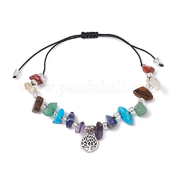 Chakra Natural & Synthetic Gemstone Braided Bead Bracelets, Adjustable Tree of Life Alloy Charm Bracelets for Women, Inner Diameter: 1-3/8~3-3/8 inch(3.5~8.5cm)