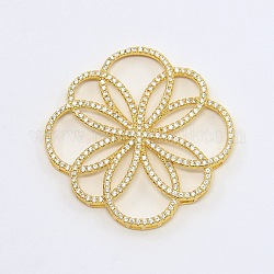 Flower Brass Micro Pave Clear Cubic Zirconia Cabochons, Cadmium Free & Nickel Free & Lead Free, Real 18K Gold Plated, 39x36x3mm