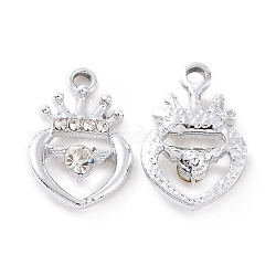 Alloy Rhinestone Pendants, Platinum Tone Crown Heart Charms, Crystal, 20x13x4mm, Hole: 2mm