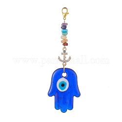 Evil Eye Lampwork Pandant Decorations, with Alloy Rhinestone Links and Stainless Steel Lobster Claw Clasps, Gemstone Chip Bead, Hamsa Hand, 116mm