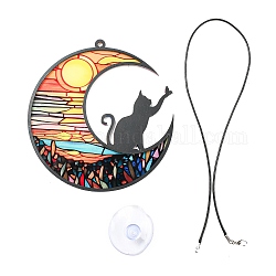 Acrylique opaque gros pendentifs, bracelet en cuir avec accessoires en plastique, lune avec chat, colorées, 127x120x3.5mm, Trou: 4mm