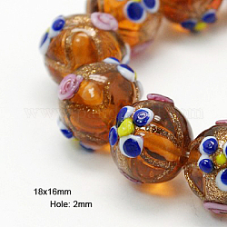 Handmade Gold Sand Lampwork Beads Strands, Rondelle, Chocolate, 18x16mm, Hole: 2mm