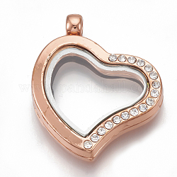 Alliage pendentifs médaillon magnétiques, avec strass et de verre, cœur, cristal, or rose, 34x29x7mm, Trou: 2.5mm, mesure intérieure: 16x20 mm