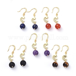 Perle tonde pietra preziosa naturale ciondolano gli orecchini, con micro ottone spianare pubblicitari zirconi, ganci per orecchini in ottone e portagioie, luna, 45mm, ago :0.7x0.5mm