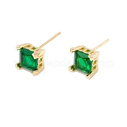 Aretes cuadrados de circonio cúbico verde, joyas de latón para mujer, sin plomo y el cadmio, real 18k chapado en oro, 7.5x7.5mm, pin: 0.8 mm