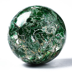 Round Ball Brass Line Regalite/Imperial Jasper/Sea Sediment Jasper Model Ornament, Dyed, for Desk Home Display Decorations, Dark Green, 79~81mm