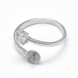 925 Sterling Silber Manschettenringe, Komponenten mit offenen Ringen, für die Hälfte gebohrt Perlen, mit Zirkonia, Flachrund, Platin Farbe, 16 mm, Fach: 5.5 mm, Stift: 0.7 mm