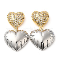 Boucles d'oreilles pendantes en forme de cœur en laiton plaqué en rack, avec zircons, sans cadmium et sans plomb, véritable 18k plaqué or, 32x19.5mm