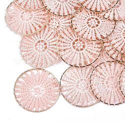 Grandes décorations de pendentif tissées de polyester, avec les accessoires en fer, plat rond, or clair, rose brumeuse, 52x1.5mm