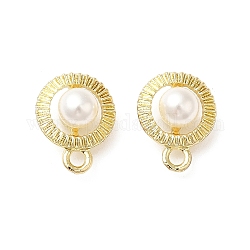 Alloy Stud Earring Findings, with Plastic Pearl Beaded & 925 Sterling Silver Pins & Horizontal Loops, Flat Round, Golden, 13.5x9.5x7mm, Hole: 1.8mm, Pin: 0.6mm