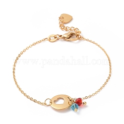 Ion Plating(IP) 304 Stainless Steel Heart Link Bracelet with Glass Beads Charms for Women, Golden, 6-3/4 inch(17cm)