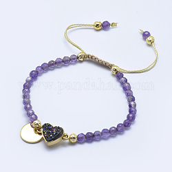 Natural Amethyst Braided Bead Bracelets, with Electroplated Natural Lava Rock Beads, Druzy Crystal, Nylon Cord and Brass Findings, Flat Round & Heart, 2-1/8 inch(5.3cm)~3-1/8 inch(8cm)