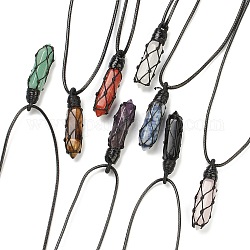 Adjustable Natural Mixed Gemstone Pendant Necklaces, with Waxed Cord, Faceted Bullet, 8.74~15.43 inch(22.2~39.2cm)