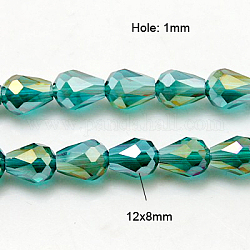 Abalorios de vidrio electroplate hebras, color de ab chapado, lágrima facetada, cian, 12x8mm, 58 pcs / Hilo, 26.5 pulgada