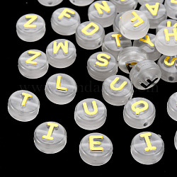 Perles acryliques lumineuses, trou horizontal, plat rond avec des lettres mélangées aléatoires, verge d'or, 10x6mm, Trou: 2mm