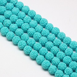 Synthetic Coral Beads Strands, Dyed, Round Beads Carved Flower Rose, Dark Turquoise, 12mm, Hole: 1mm, about 33pcs/strand, 15.74 inch