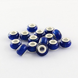Perles européennes en résine de grand trou, avec couleur argent plaqué doubles noyaux de cuivre, rondelle, bleu foncé, 14x9mm, Trou: 5mm