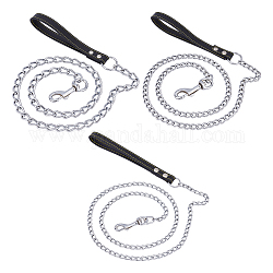 CHGCRAFT 3Pcs 3 Style Iron Curb Chains & PU Leather Handles Ropes, Pet Collar Traction Rope, Platinum, 1230~1247x7~19mm, 1pc/style