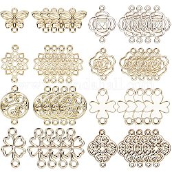 Sunnyclue 48 piezas 8 estilos encantos de conector de aleación, enlaces de flores, tréboles y mariposas, formas mixtas, dorado, 13.5~20.5x12~15.5x1~2mm, agujero: 1~2 mm, 6 piezas / style