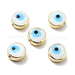 Handmade Evil Eye Lampwork Beads, with Brass Findings, Flat Round, White, 11.5x6mm, Hole: 1.6mm