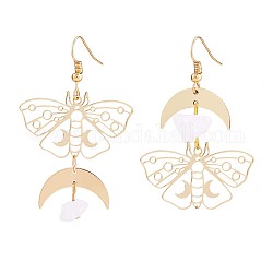 Alloy Moth with Natural Quartz Crystal Beaded Long Dangle Earrings, Crescent Moon Long Asymmetrical Earrings for Women, Golden, 54x35.6mm, Pin: 0.8mm