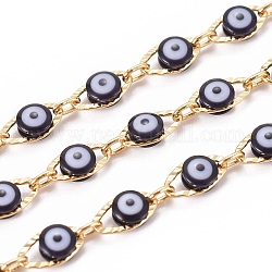 3.28 Feet Handmade Glass Beaded Chains, with Brass Chains, Long-Lasting Plated, Soldered, Golden, Black, 6mm, Link: 9.5x6x2.5~3mm and 5.5x2.8x0.5mm