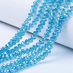Abalorios de vidrio electroplate hebras, lustre de la perla chapado, facetados, rerondana plana, cielo azul profundo, 4x3mm, agujero: 0.4 mm, aproximamente 123~127 pcs / cadena, 16.5~16.9 pulgada (42~43 cm)