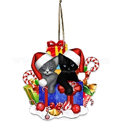 Weihnachtsanhänger aus Acryl in Katzenform, mit Nylonseil und Eisenglocke, für Auto-Rückspiegel-Hängeornament, Box, 77x74x4 mm, Bohrung: 3 mm