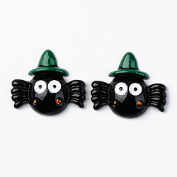 Cabochons en résine, thème de l'Halloween, opaque, araignée avec chapeau, verte, noir, 25x28.5x6mm
