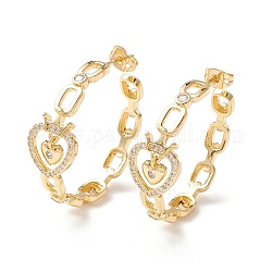 Heart with Crown Cubic Zirconia Stud Earrings, Real 18K Gold Plated Brass Half Hoop Earrings for Women, Cadmium Free & Lead Free, Clear, 33x34.5x12mm, Pin: 0.9mm