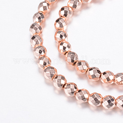 Electroplate Non-magnetic Synthetic Hematite Bead Strands, Round, Faceted, Rose Gold Plated, 8mm, Hole: 1mm, about 50pcs/strand, 15.7 inch