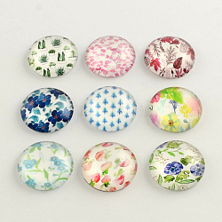 Half Round/Dome Floral Pattern Glass Flatback Cabochons for DIY Projects, FloralColor, 12x4mm