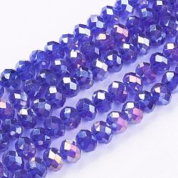 Electroplate Glass Beads Strands, AB Color Plated, Faceted Rondelle, Dark Blue, 8x6mm, about 68~70pcs/strand
