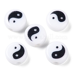 Perles acryliques opaques imprimés, plat rond avec motif yinyang, noir, 8x4mm, Trou: 1.6mm
