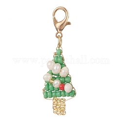 Décorations de pendentif en perles de rocaille de verre, avec des perles de culture d'eau douce naturelles et des fermoirs à pince de homard en alliage, arbre de Noël, vert de mer, 39mm