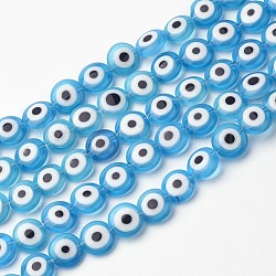 Handmade Evil Eye Lampwork Beads Strands, Flat Round, Light Sky Blue, 10x4mm, Hole: 1mm, about 38pcs/strand, 14 inch