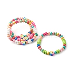 Natural Wood Round Beads Stretch Bracelets for Kid, with Handmade Polymer Clay Beads, Flower with Smile, Mixed Color, Inner Diameter: 1-7/8 inch(4.9cm), 6mm