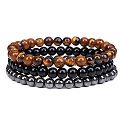 3pcs 3 Stil natürliches Tigerauge & schwarzer Achat & Hämatit runde Perlen Stretch-Armbänder Set, Stapelbare Armbänder aus Edelsteinen für Damen, breit: 6 mm, 7-1/4~7-1/2 Zoll (18.5~19 cm), 1pc / style