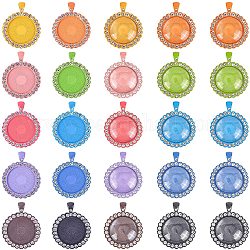 DIY Pendant Makings, with Alloy Crystal Rhinestone Pendant Cabochon Settings, Transparent Glass Cabochons, Flat Round, Mixed Color, Tray: 25mm, 43x34x3mm, Hole: 4.5x6.5mm, 20pcs/set