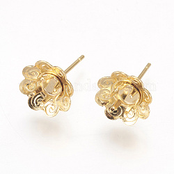 304 Stainless Steel Ear Stud Components, Flower, Golden, 16mm, Flower: 10.5~11x4.5mm, Tray: 4mm, Pin: 0.7mm