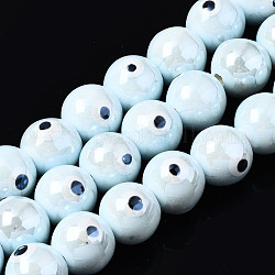 Hebras de cuentas de cerámica de porcelana hecha a mano, porcelánico esmaltado brillante, redonda con mal de ojo, cian claro, 10.5mm, agujero: 1.8 mm, aproximamente 32 pcs / cadena, 12.01 pulgada (30.5 cm)