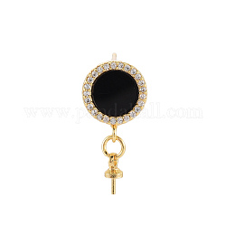 Brass Micro Pave Clear Cubic Zirconia Stud Earring Findings, for Half Drilled Bead, Nickel Free, with Enamel, Real 18K Gold Plated, Flat Round, Black, 20mm, Pin: 0.7mm, Pin: 0.7mm(for half drilled beads), Flat Round: 12x9.5mm