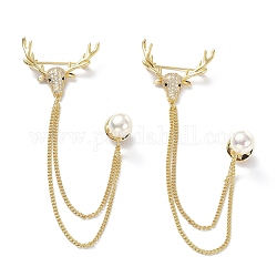 Deer & Round Acrylic Pearl with Tassel Chain Brooch Pin, Brass Cubic Zirconia Brooch for Clothing Accessories, Golden, 140mm