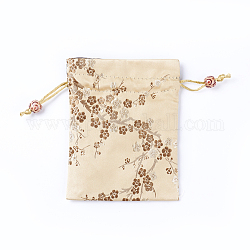 Sacchetti di imballaggio di seta, borse coulisse, con perline in legno, bisque, 14.7~15x10.9~11.9cm