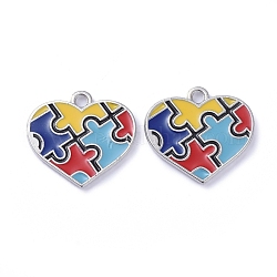 Colgantes de esmalte de aleación, corazón con rompecabezas símbolo del autismo, colorido, Platino, 19x20.5x2mm, agujero: 2 mm