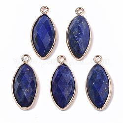 Pendentifs en lapis lazuli naturel, avec des accessoires bordés en laiton plaqué or, facette, oeil de cheval, 20x9x5mm, Trou: 1.2mm