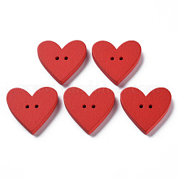 Bottoni in legno verniciati a spruzzo a 2 foro, cuore, rosso, 22.5x23.5x3.5mm, Foro: 1.6 mm