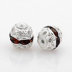 Silver Color Plated Brass Rhinestone Beads, Hollow Round, Saddle Brown, 6mm, Hole: 1mm