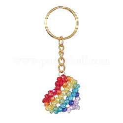 Porte-clés pendentif en perles de verre, Porte-clés fendus en fer, cœur, colorées, 8 cm